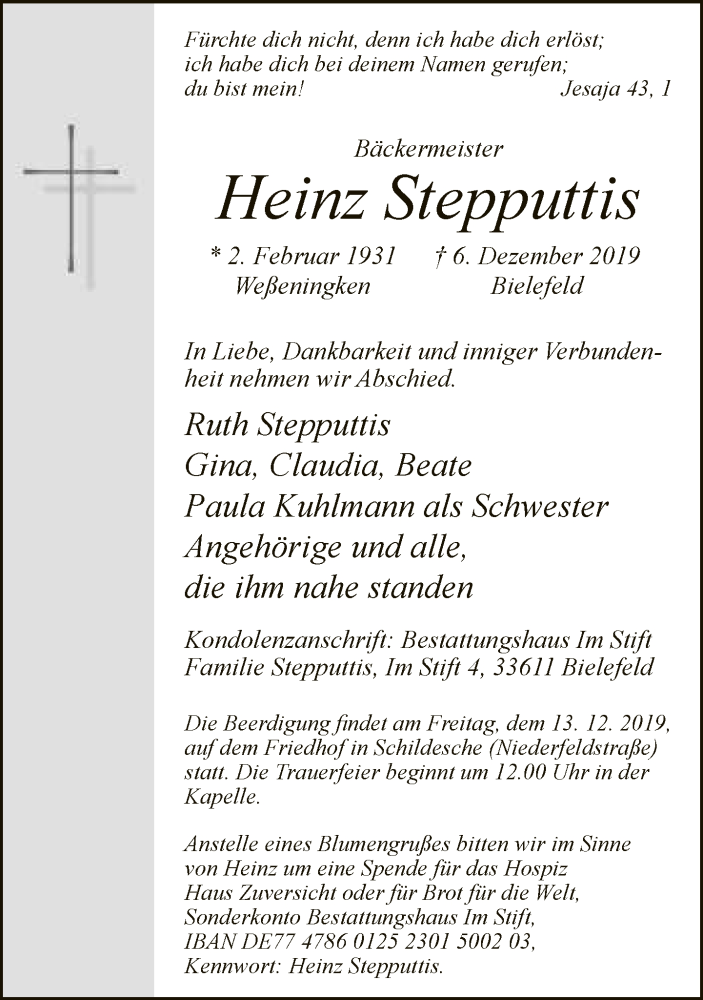  Traueranzeige für Heinz Stepputtis vom 11.12.2019 aus Neue Westfälische
