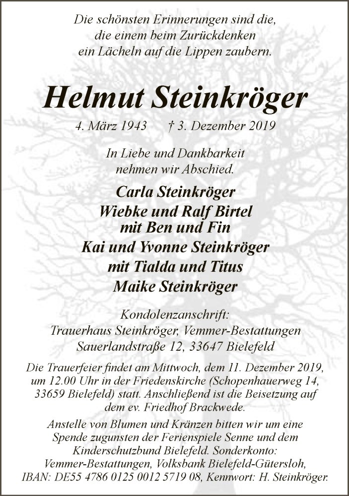  Traueranzeige für Helmut Steinkröger vom 07.12.2019 aus Neue Westfälische