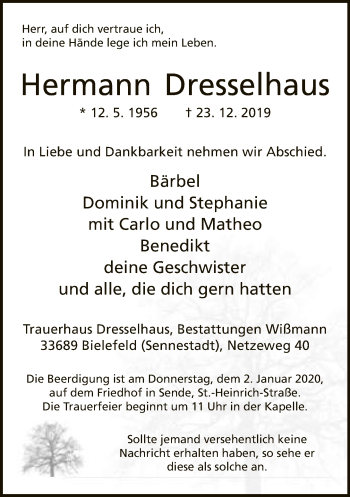 Traueranzeige von Hermann Dresselhaus von Neue Westfälische