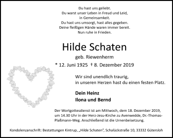 Traueranzeige von Hilde Schaten von Neue Westfälische