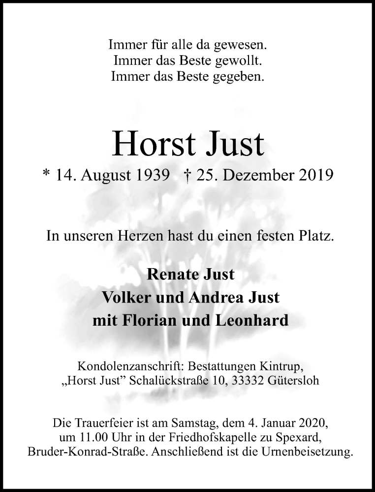 Traueranzeige für Horst Just vom 30.12.2019 aus Neue Westfälische