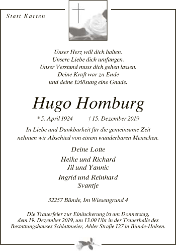 Traueranzeige von Hugo Homburg von Neue Westfälische