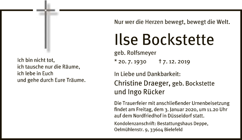  Traueranzeige für Ilse Bockstette vom 24.12.2019 aus Neue Westfälische