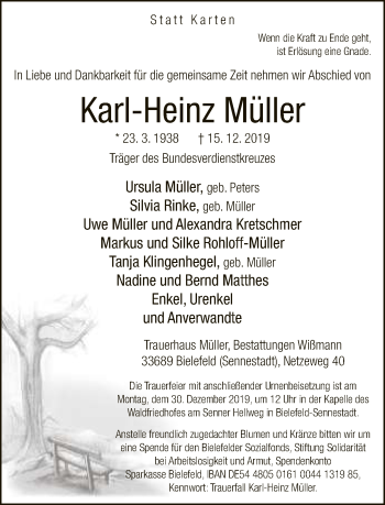 Traueranzeige von Karl-Heinz Müller von Neue Westfälische