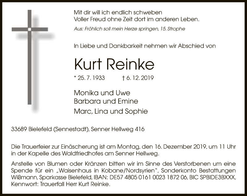  Traueranzeige für Kurt Reinke vom 11.12.2019 aus Neue Westfälische