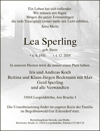Traueranzeige von Lea Sperling von Neue Westfälische