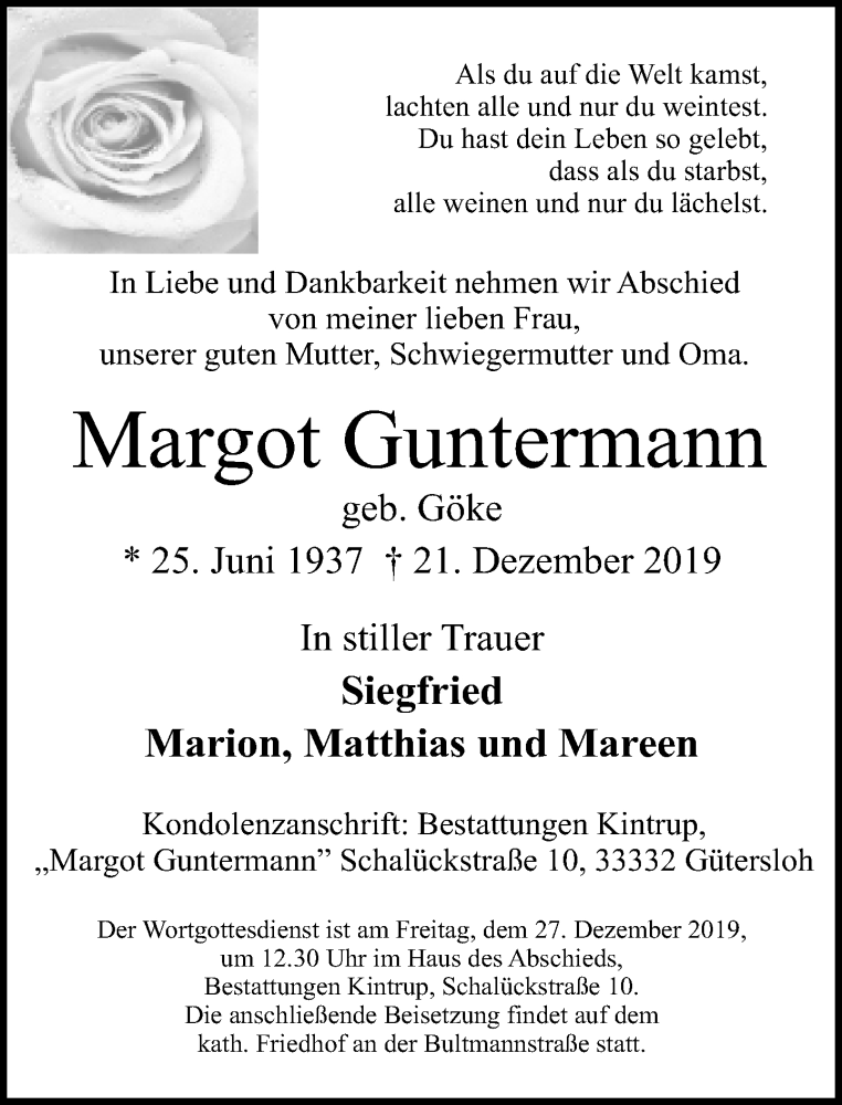  Traueranzeige für Margot Guntermann vom 23.12.2019 aus Neue Westfälische