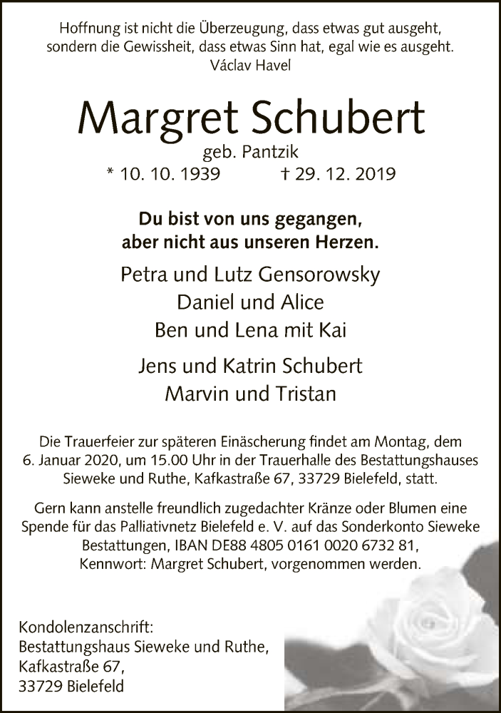 Traueranzeige für Margret Schubert vom 31.12.2019 aus Neue Westfälische