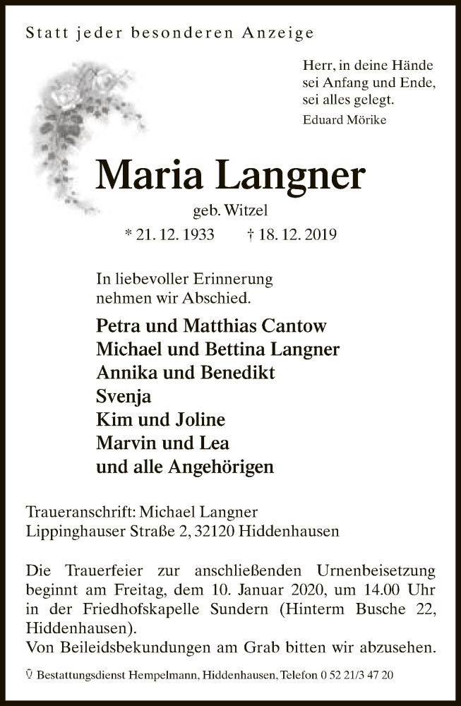  Traueranzeige für Maria Langner vom 21.12.2019 aus Neue Westfälische
