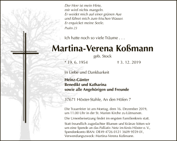 Traueranzeige von Martina-Verena Koßmann von Neue Westfälische