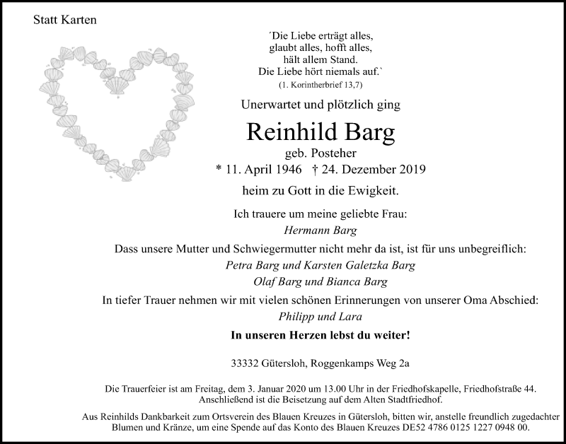  Traueranzeige für Reinhild Barg vom 30.12.2019 aus Neue Westfälische
