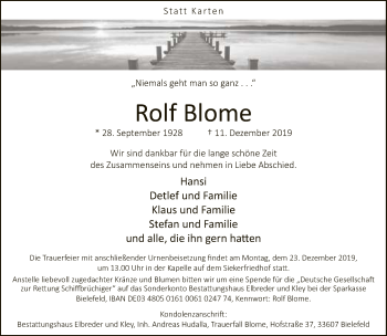 Traueranzeige von Rolf Blome von Neue Westfälische
