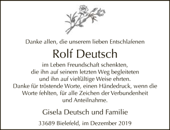 Traueranzeige von Rolf Deutsch von Neue Westfälische
