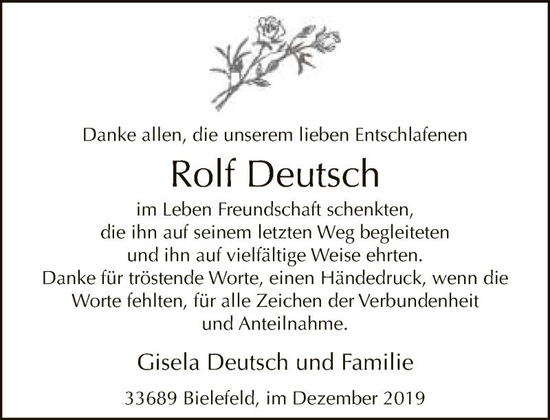  Traueranzeige für Rolf Deutsch vom 21.12.2019 aus Neue Westfälische