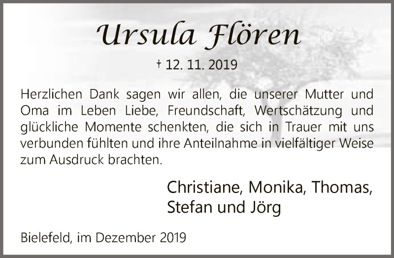  Traueranzeige für Ursula Flören vom 14.12.2019 aus Neue Westfälische