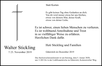 Traueranzeige von Walter Stickling von Neue Westfälische
