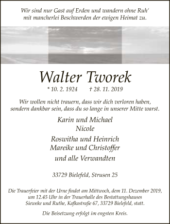 Traueranzeige von Walter Tworek von Neue Westfälische