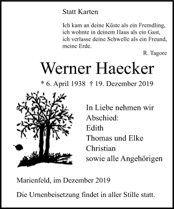 Traueranzeige von Werner Haecker von Neue Westfälische