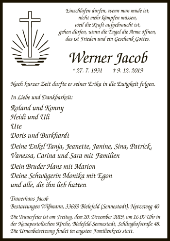 Traueranzeige von Werner Jacob von Neue Westfälische