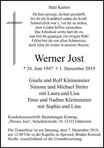 Traueranzeige von Werner Jost von Neue Westfälische