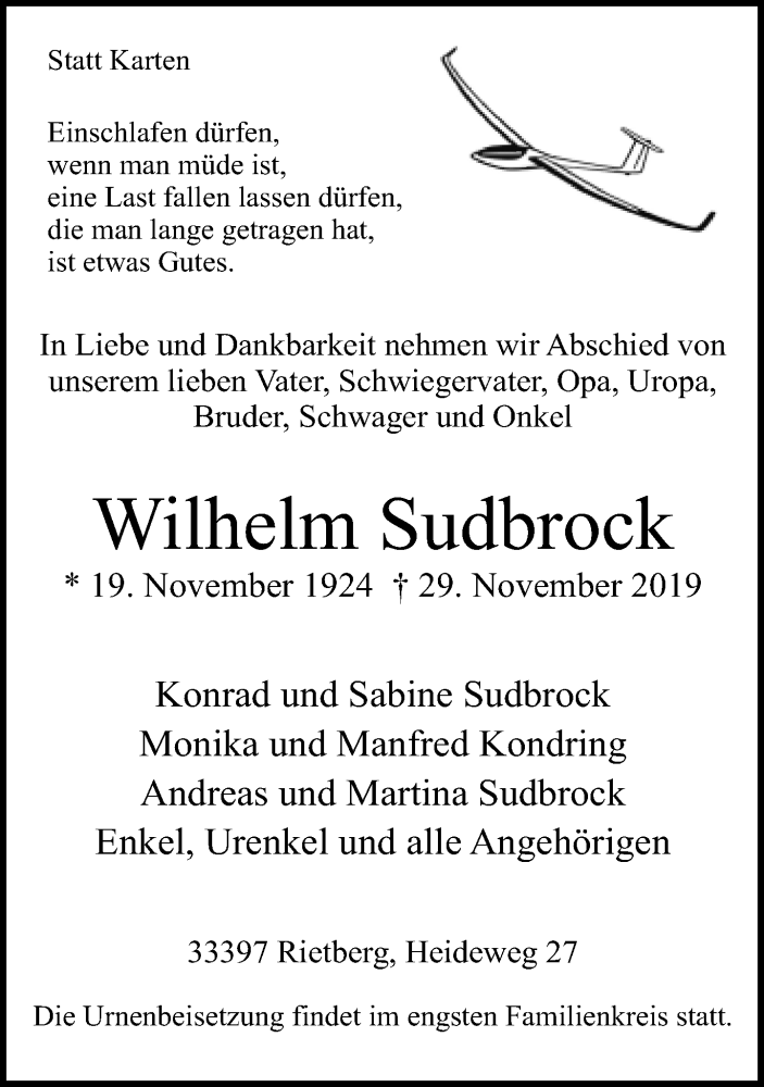  Traueranzeige für Wilhelm Sudbrock vom 03.12.2019 aus Neue Westfälische