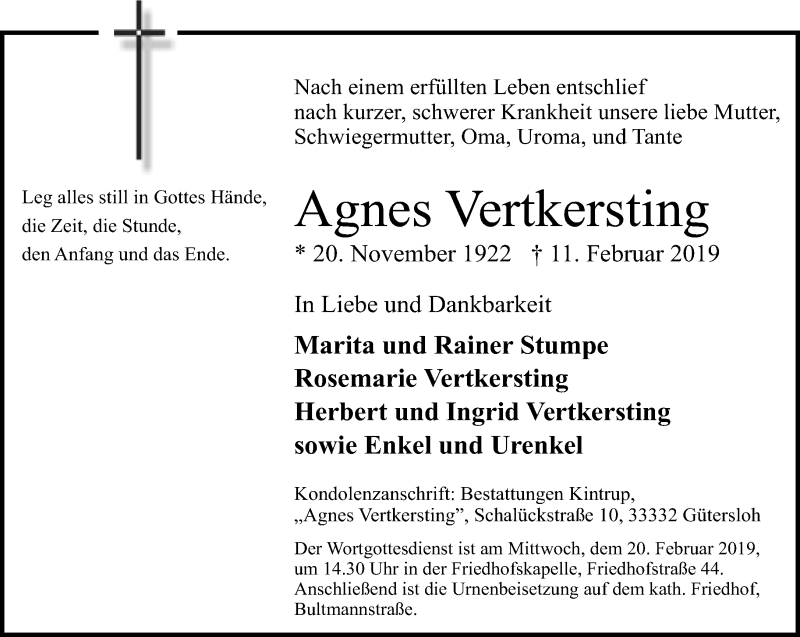  Traueranzeige für Agnes Vertkersting vom 15.02.2019 aus Neue Westfälische