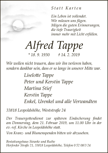Traueranzeige von Alfred Tappe von Neue Westfälische