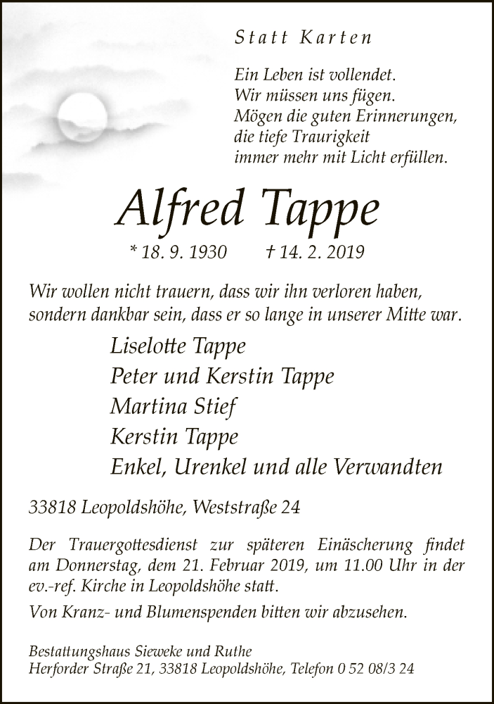  Traueranzeige für Alfred Tappe vom 18.02.2019 aus Neue Westfälische