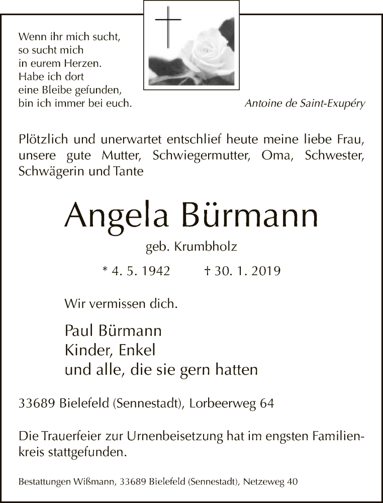  Traueranzeige für Angela Bürmann vom 13.02.2019 aus Neue Westfälische