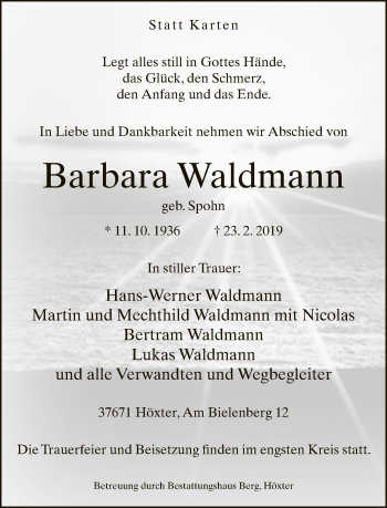 Traueranzeige von Barbara Waldmann von Neue Westfälische