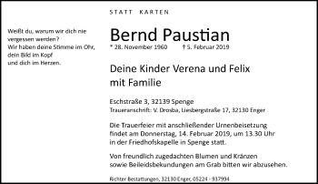Traueranzeige von Bernd Paustian von Neue Westfälische