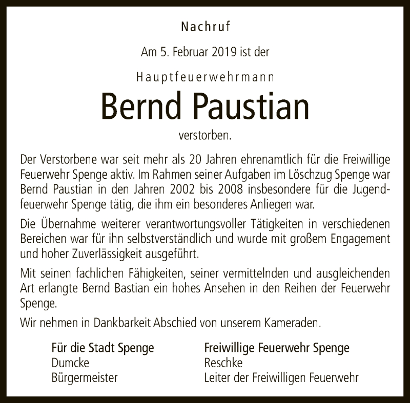  Traueranzeige für Bernd Paustian vom 09.02.2019 aus Neue Westfälische