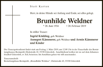 Traueranzeige von Brunhilde Weldner von Neue Westfälische