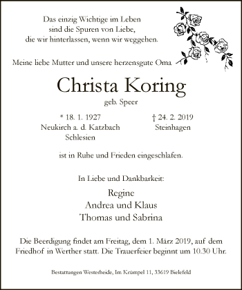 Traueranzeige von Christa Koring von Neue Westfälische