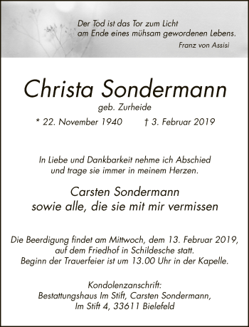 Traueranzeige von Christa Sondermann von Neue Westfälische