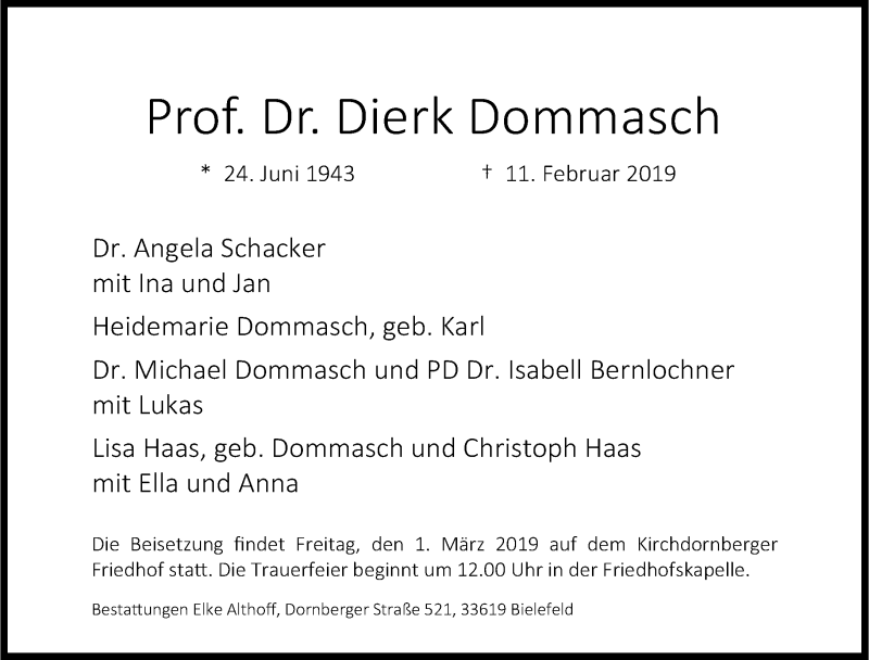  Traueranzeige für Dierk Dommasch vom 16.02.2019 aus Neue Westfälische