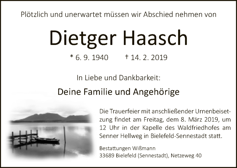  Traueranzeige für Dietger Haasch vom 23.02.2019 aus Neue Westfälische