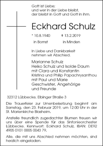 Traueranzeige von Eckhard Schulz von Neue Westfälische