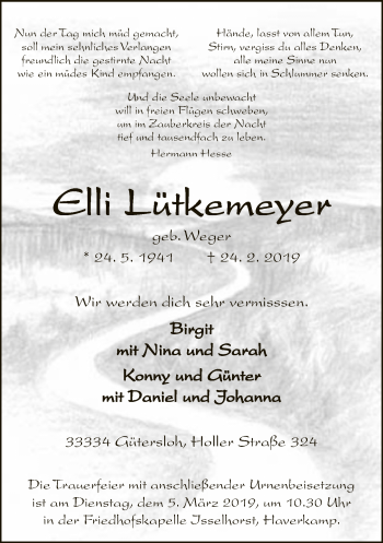 Traueranzeige von Elli Lütkemeyer von Neue Westfälische