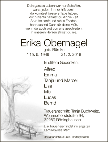 Traueranzeige von Erika Obernagel von Neue Westfälische