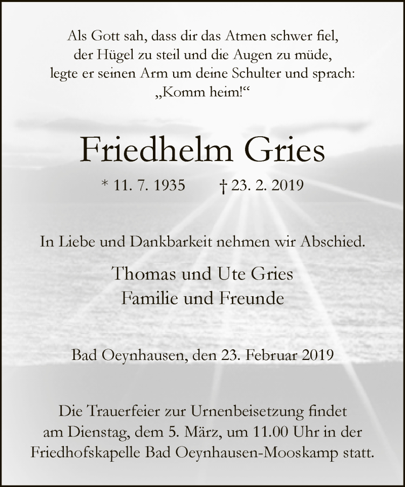  Traueranzeige für Friedhelm Gries vom 27.02.2019 aus Neue Westfälische