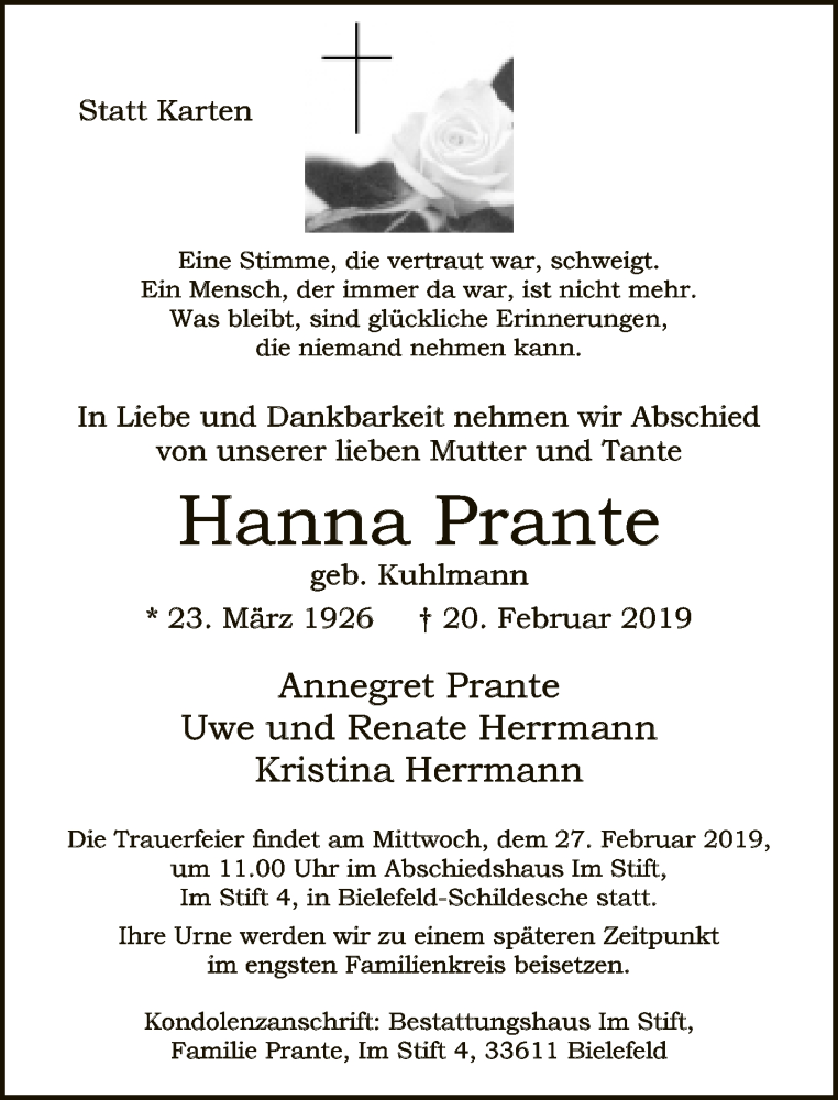  Traueranzeige für Hanna Prante vom 23.02.2019 aus Neue Westfälische