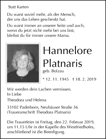 Traueranzeige von Hannelore Platnaris von Neue Westfälische