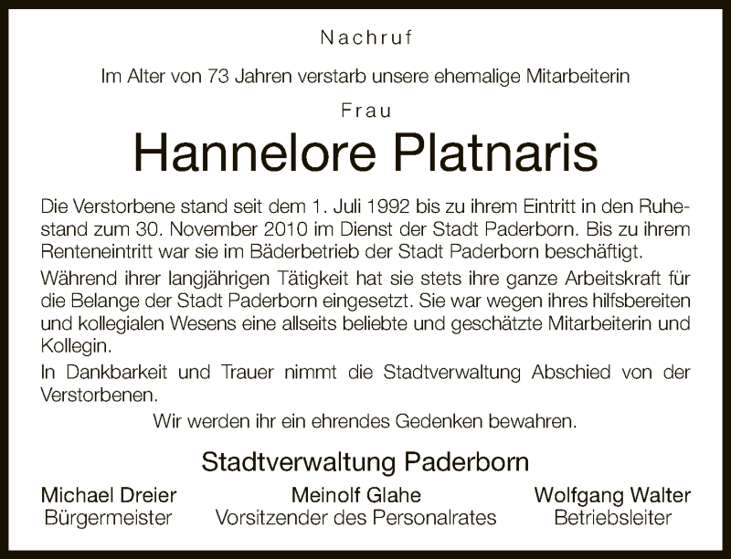  Traueranzeige für Hannelore Platnaris vom 27.02.2019 aus Neue Westfälische