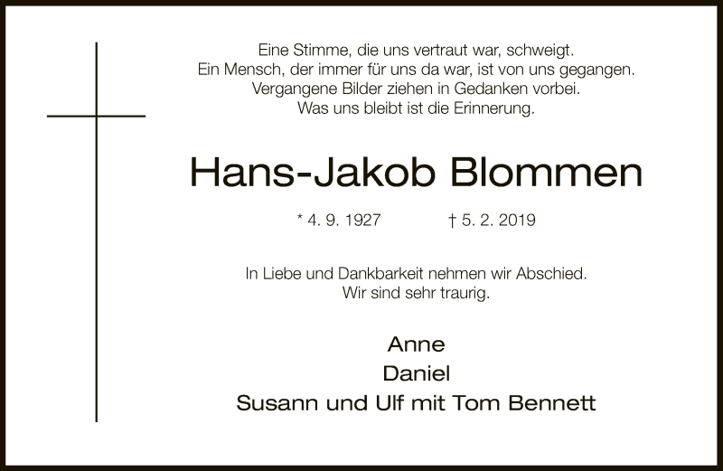  Traueranzeige für Hans-Jakob Blommen vom 09.02.2019 aus Neue Westfälische