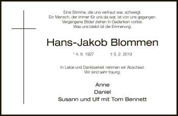Traueranzeige von Hans-Jakob Blommen von Neue Westfälische