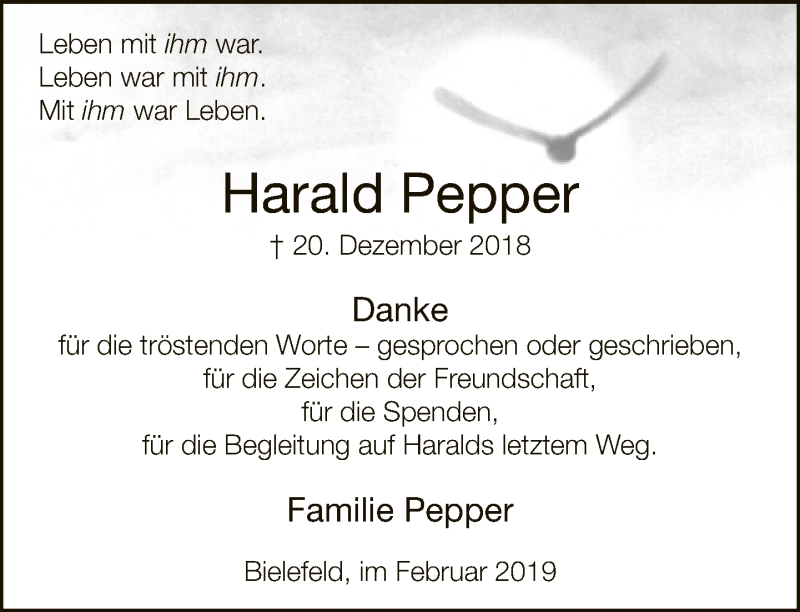  Traueranzeige für Harald Pepper vom 16.02.2019 aus Neue Westfälische