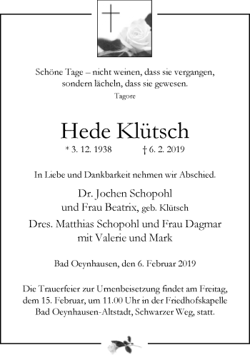 Traueranzeige von Hede Klütsch von Neue Westfälische