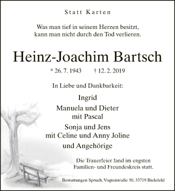 Traueranzeige von Heinz-Joachim Bartsch von Neue Westfälische