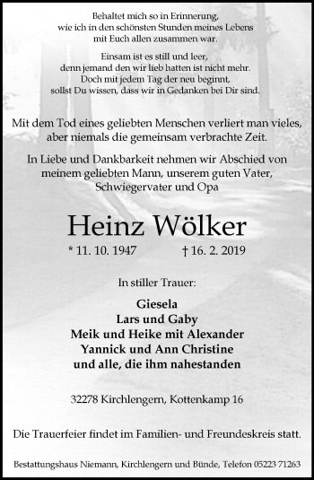 Traueranzeige von Heinz Wölker von Neue Westfälische